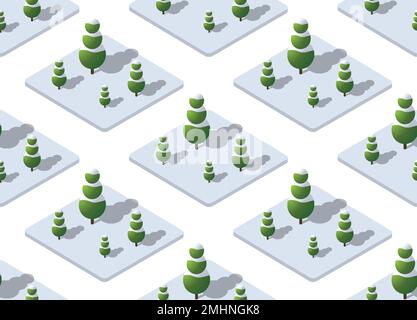 Winter Seamless forest plan pattern map background. Isometric green botanical structure landscape of trees park Stock Vector