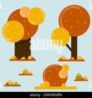 Stylized fall trees and a bush with grass in the background. Leaves, flowers and trees with brown trunks - all drawn in simple shapes in yellow and or Stock Vector