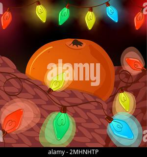 A bright orange tangerine on a dark background of Christmas lights, wrapped in a warm brown plaid. Stock Vector