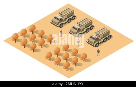 Multiple launch rocket systems army vehicles army missiles defense camouflage. Isometric 3d vector illustration. Stock Vector
