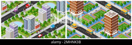 A concept set of a isometric vertical city map of an urban center. Conceptual residential town illustration of vector design graphics. Stock Vector