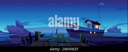Fishing boats at pier in lake, river or sea harbor. Summer night landscape with dock with boardwalk, wooden boat and fishery ship, stones in water, dark sky with stars, vector cartoon illustration Stock Vector