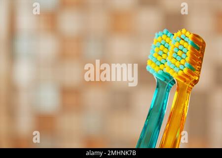 A couple of multicolored toothbrushes with checkered bathroom tiles on the back. Healthcare, morning routine and hygiene. Copy space for text Stock Photo