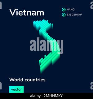 Stylized striped isometric neon Vietnam 3D map in green and mint colors on the dark blue background Stock Vector