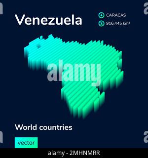 Stylized neon isometric striped vector Venezuela 3D map in green colors on the dark blue background Stock Vector