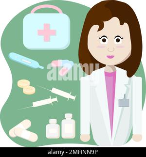 The doctor and the contents of the first aid kit are on a green background. Stock Vector