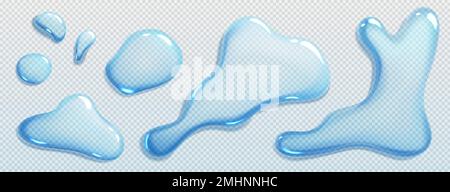 Liquid spills, water drops and puddles isolated on transparent background. Clear droplets of pure aqua, blue cosmetic serum or gel in top view, vector realistic set Stock Vector
