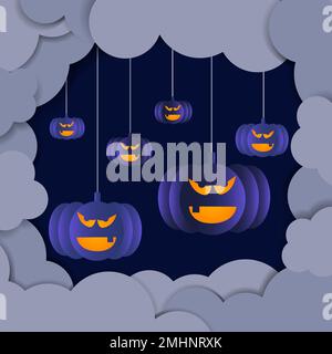 The dark clouds and from the pumpkins on the rope are a spooky Halloween on a dark background. The shadow conveys the flatness of the illustration. Stock Vector