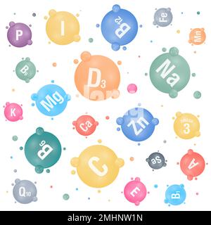 Set of multi vitamin mineral complex icons. Vitamin A, B group B1, B6, B9, B12, C, D, D3, E, K, K1 and mineral Mg, Mn, Na, Se, Fe, P, I, Ca, Zn. Omega Stock Vector