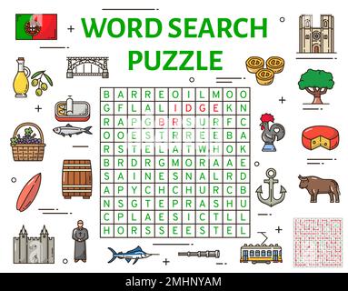 Portugal symbols crossword grid find word quiz game vector worksheet Portugal symbols crossword grid find word quiz game vector worksheet