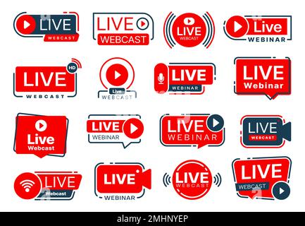 Live webinar, webcast icons. Training course web broadcast pictogram, study training or lesson video stream vector icons set. Online education or video tutorial red signs with cam, play button symbols Stock Vector