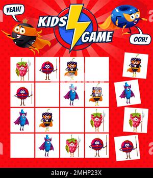 Sudoku kids game cartoon superhero berry characters. Vector brain teaser worksheet riddle with raspberry, cranberry, blackberry and honeyberry on chequered board. Educational task for children Stock Vector