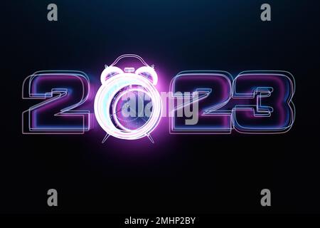 Close-up of  calendar header number 2023  with   transparent pink neon retro clock on a black background, 3D illustration. Changeability of years. Stock Photo