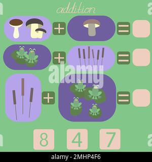 count the frogs and mushrooms in the picture and put the correct number Stock Vector