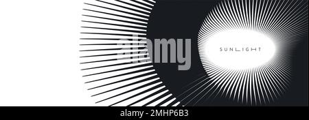 Black and white sunburst pattern. Sun ray or star burst. Radial lines background. Explosion vector illustration with copy space. Stock Vector