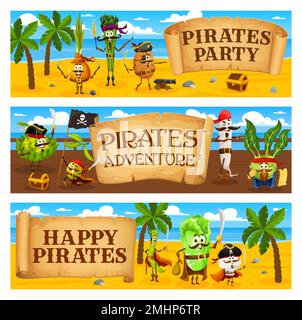 Cartoon vegetable pirates and corsairs characters for treasure island party, vector banner. Pirates theme game or kids birthday party invitation flyer with Caribbean vegetable characters and captains Stock Vector