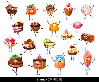 Cartoon cake, cupcake, jelly and cheesecake cheerful dessert characters. Donut, pie and pudding personages. Vector cute confectionery, pastry, honey jar and muffin, candies, roll or cocktail Stock Vector