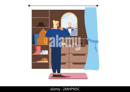 Flat man in wardrobe stand in front of mirror and choose butterfly tie. Male character in suit in pacious walk-in closet or dressing room. Clothes and accessories on wardrobe shelves. Stock Vector
