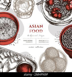 Asian food hand drawn illustration design. Background with vintage jiaozi, jian dui, egg tart, noodles with shrimp, egg soup, noodles bowl. Stock Vector