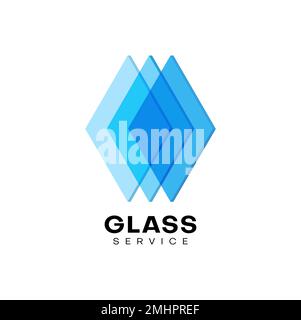 Glass service company icon of window and construction works, vector blue crystal glass emblem. Geometric shape of abstract polygon in gradient for glass production, building or digital technology Stock Vector