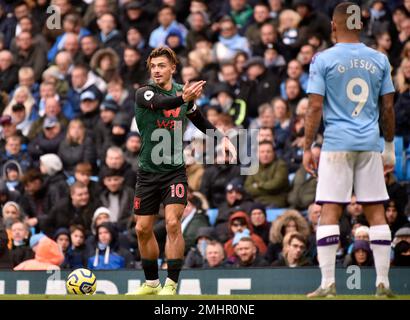 Aston Villa's Jack Grealish, left, gestures before a free kick during the English Premier League soccer match between Manchester City and Aston Villa at Etihad stadium in Manchester, England, Saturday, Oct. 26, 2019. (AP Photo/Rui Vieira)