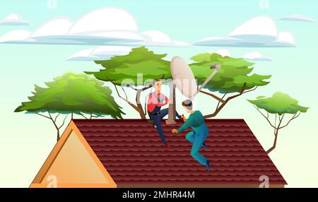 Workers work on roof. Two workers install a satellite dish on the roof. Antenna for television and internet. Against backdrop of trees and sky Stock Vector