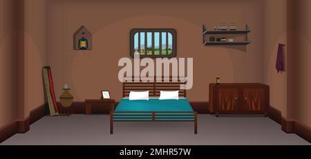 Village room inside cartoon background vector, poor room interior illustration. Stock Vector