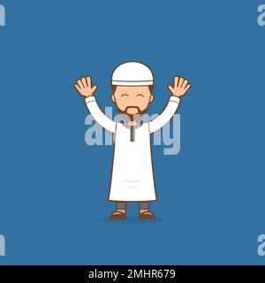 Muslim male man with welcoming pose cartoon character illustration for ramadhan Stock Vector