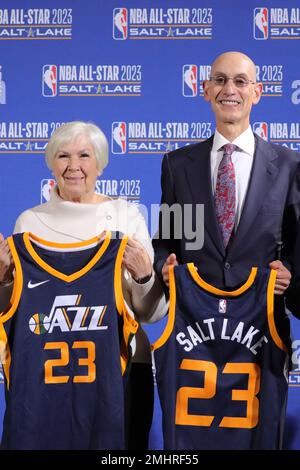 The 2023 NBA All-Star basketball jerseys are shown during a media tour  before the start of the All-Star weekend Wednesday, Feb. 15, 2023, in Salt  Lake City. More than 60 players are