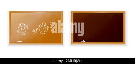 Two chalkboards with wooden frames and pieces of chalk on a white background. Brown board for a school class, cafe menu or restaurant inscriptions wit Stock Vector