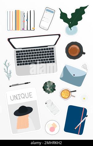 Digital devices on table workspace sticker doodle vector Stock Vector
