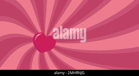Retro banner backgroud with sunburst in aesthetic style of 70s. Sunrise with heart Valentine, backdrop. Sunbeam flat geometric illustration,  hippie t Stock Vector