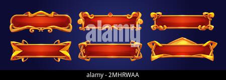 Medieval buttons, ui game menu elements, red oblong banners and gold ornate rims. Empty royal gui bars for rpg or arcade, golden borders, web design interface Cartoon 3d vector illustration, set Stock Vector