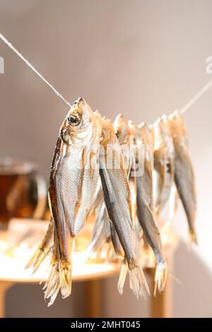 Dried fish hanging on rope against blurred background Stock Photo