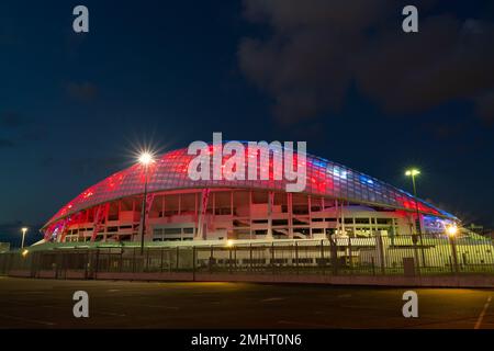 Sochi, Russia - July 21, 2022: Night panoramic view of illuminated Fisht Olympic Stadium Stock Photo