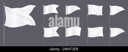 White flags and pennants on poles mockup. Blank fabric banners triangle, rectangle and corner shape on steel stand isolated on transparent background, vector realistic set Stock Vector