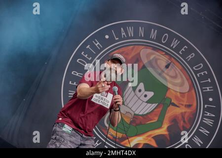 09 Jun 2018. Donnington Park, Derbyshire, United Kingdom. Pete Lee of Lawnmower Deth Perform at Download Festival 2018. Credit: Will Tudor/Alamy Stock Photo