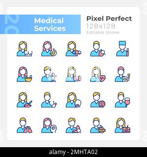 Medical services pixel perfect RGB color icons set Stock Vector