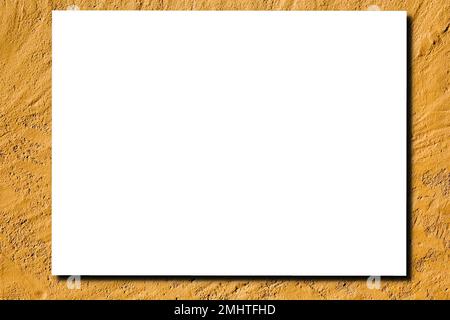 Empty white horizontal rectangle poster mockup on yellow ocher concrete wall background in Flat lay top view Stock Photo