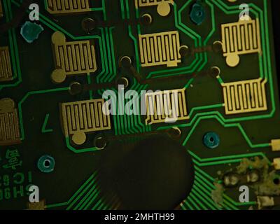 Closeup green circuit board components. Stock Photo