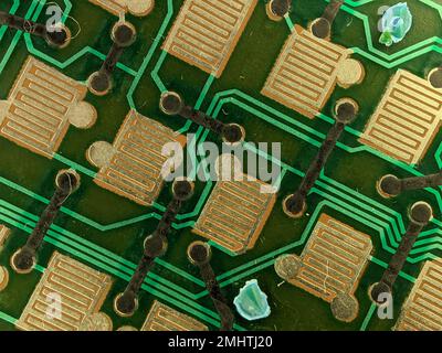 Closeup green circuit board components. Stock Photo