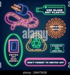 Neon sign environment illustration vector set, save the our planet Stock Vector