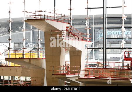 Paris, France. 27th Jan, 2023. View and illustrations of the construction site of the Olympic Aquatic Center in Saint-Denis, Paris, on January 27, 2023. Photo by Tomas Stevens/ABACAPRESS.COM Credit: Abaca Press/Alamy Live News Stock Photo