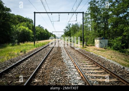 infrastructure electrified railway tracks landscape perspective sunny day out of city green trees Stock Photo