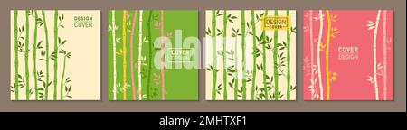 Abstract bamboo stem trendy cover or square card design set. Asian exotic pattern page flyer, notebook planner with plants. Brochure social media catalog. Decorative organic natural page background Stock Vector