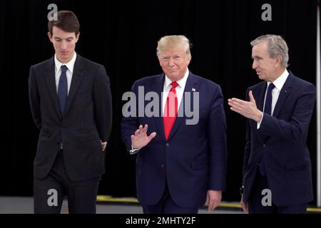 President Donald Trump visits and speaks with workers as he is joined by  Bernard Arnault CEO of LVMH Moet Hennessy; Carlos Sousa the general manager  of Louis Vuitton Manufacturing USA and Advisor