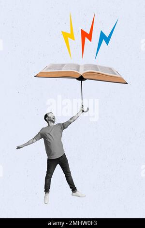 Exclusive magazine picture sketch collage image of excited guy flying open book parasol isolated painting background Stock Photo