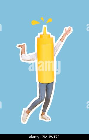 Photo collage artwork minimal picture of funny carefree lady mustard bottle instead of body isolated drawing background Stock Photo