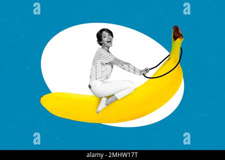 Exclusive magazine picture sketch collage image of happy smiling lady riding big huge banana isolated painting background Stock Photo