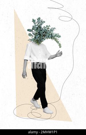 Photo sketch graphics collage artwork picture of anonymous guy walking plant instead of head isolated drawing background Stock Photo